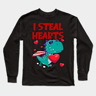 Kids I Steal Hearts Trex Dino Cute Baby Boy Valentines Day Gift Long Sleeve T-Shirt